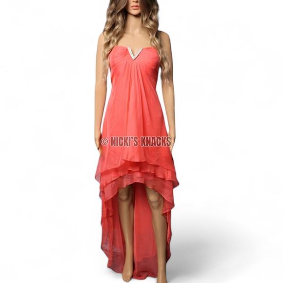 La Femme Hot Coral Strapless High Low Prom Dress Embellished Formal Gown Size 6 - Picture 12 of 13